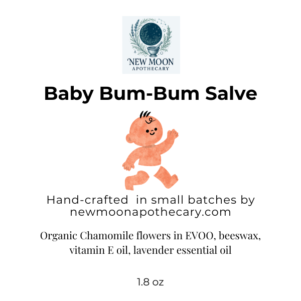 Advertisement for New Moon Apothecary Baby Bum-Bum Salve with a cartoon baby illustration and product details.