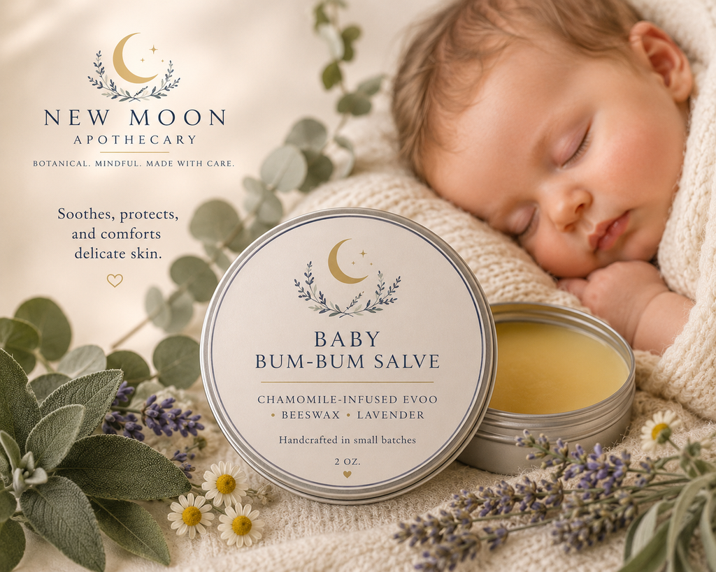 Healing salve for diaper rash and sensitive skin - sleeping baby in background--New Moon Apothecary