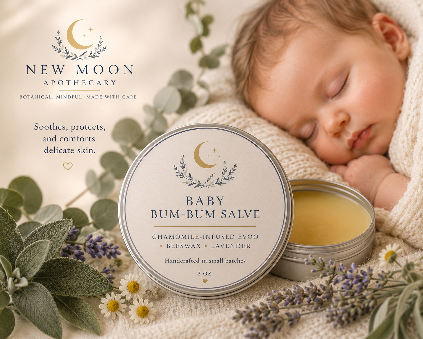 Healing salve for diaper rash and sensitive skin - sleeping baby in background--New Moon Apothecary