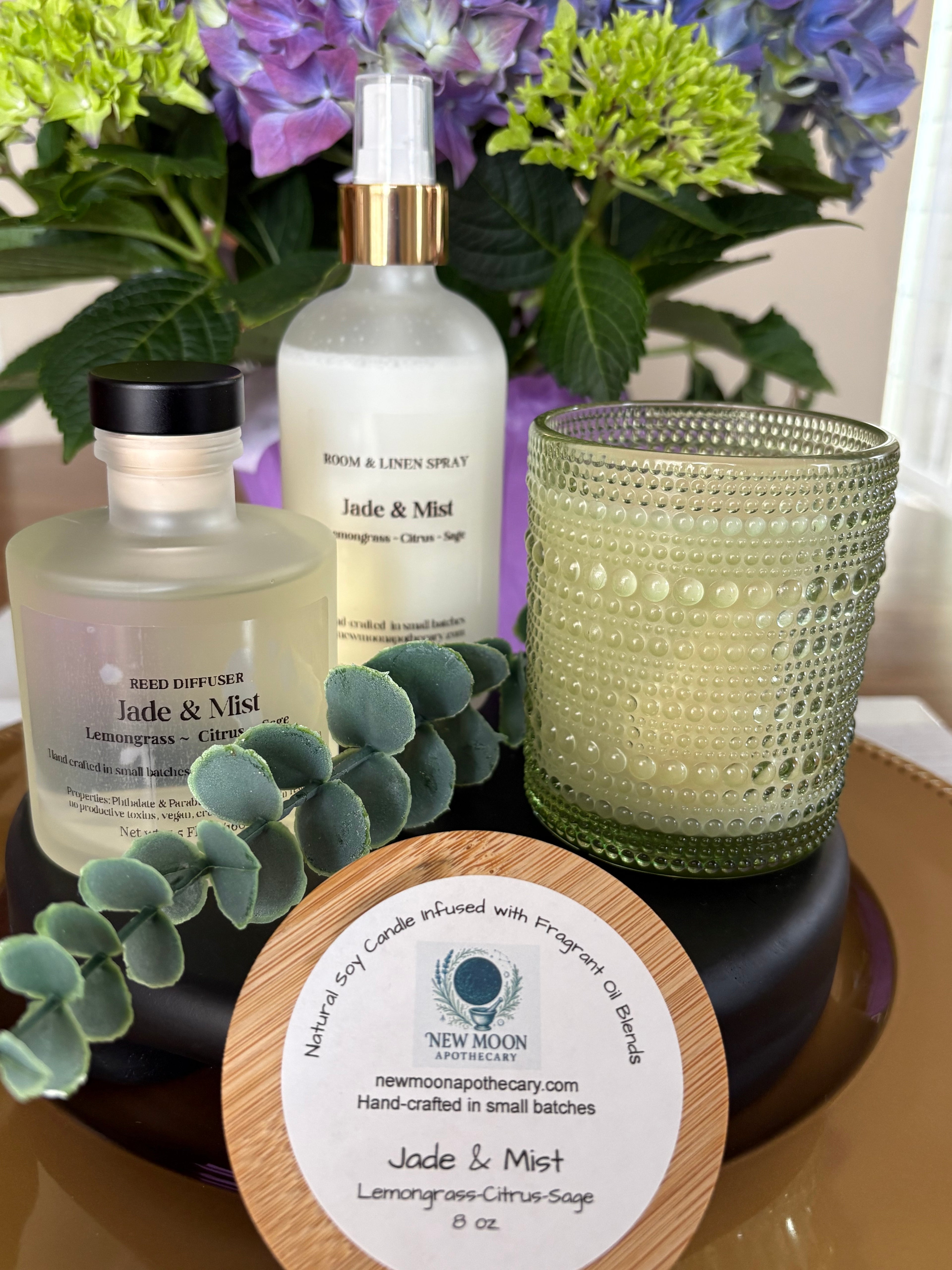 Sacred Space Soy Candle — Jade & Mist collection display | New Moon Apothecary