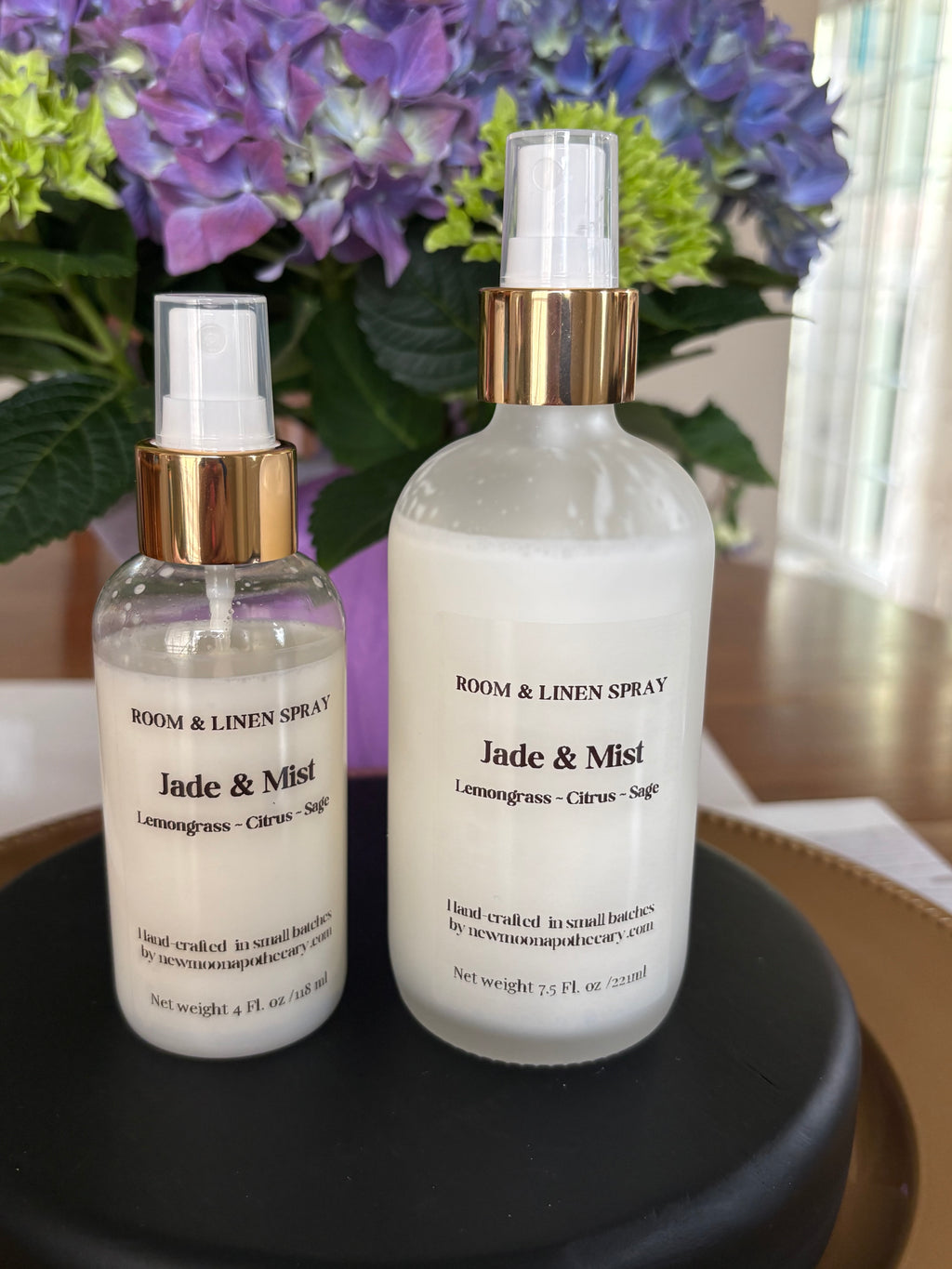 4 oz and 8 oz bottles of Room and Linen Spray--Jade & Mist scent - New Moon Apothecary