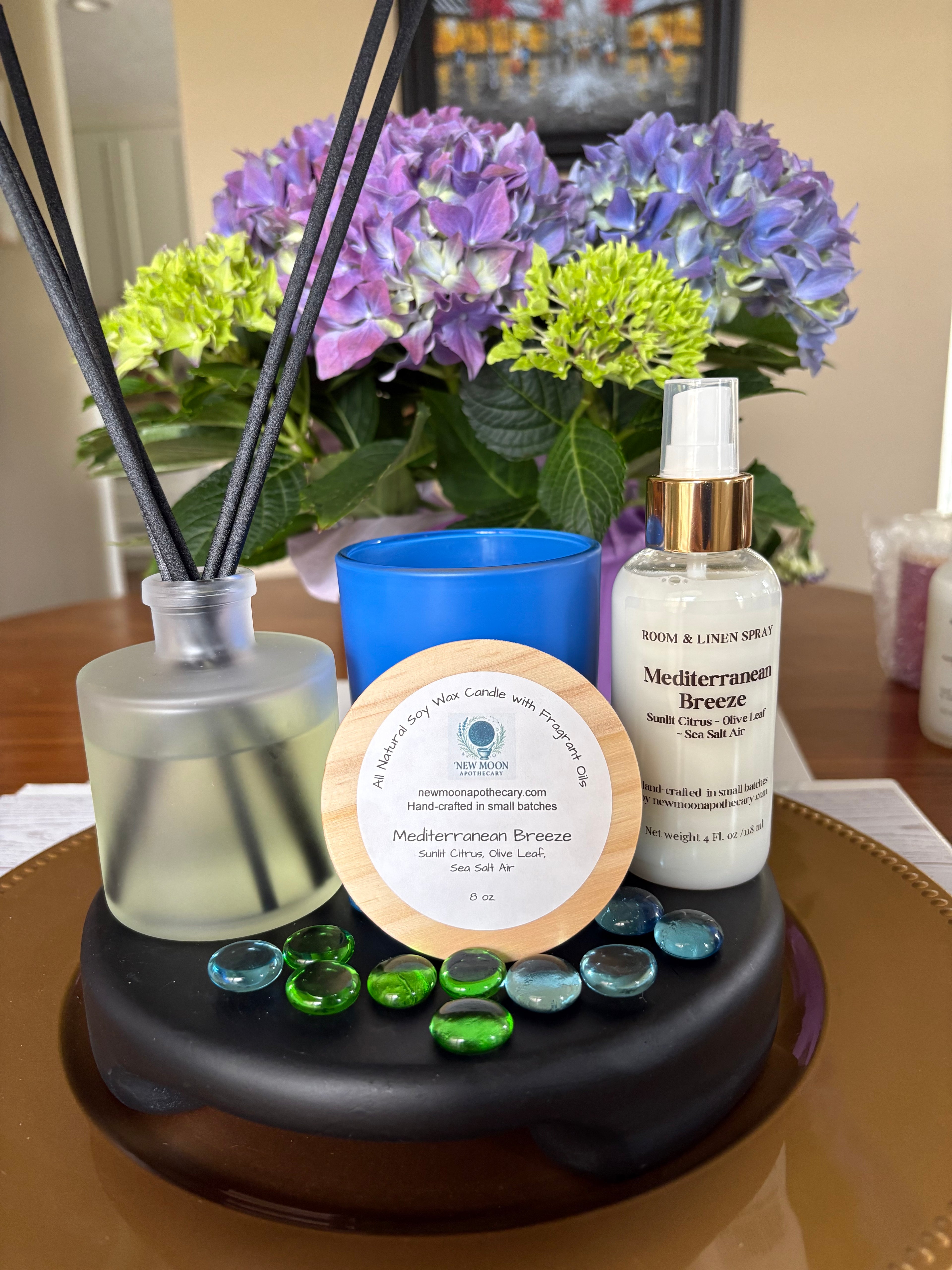 Sacred Space Room & Linen Spray — Reed Diffuser and blue glass candle -- Mediterranean Breeze scent | New Moon Apothecary