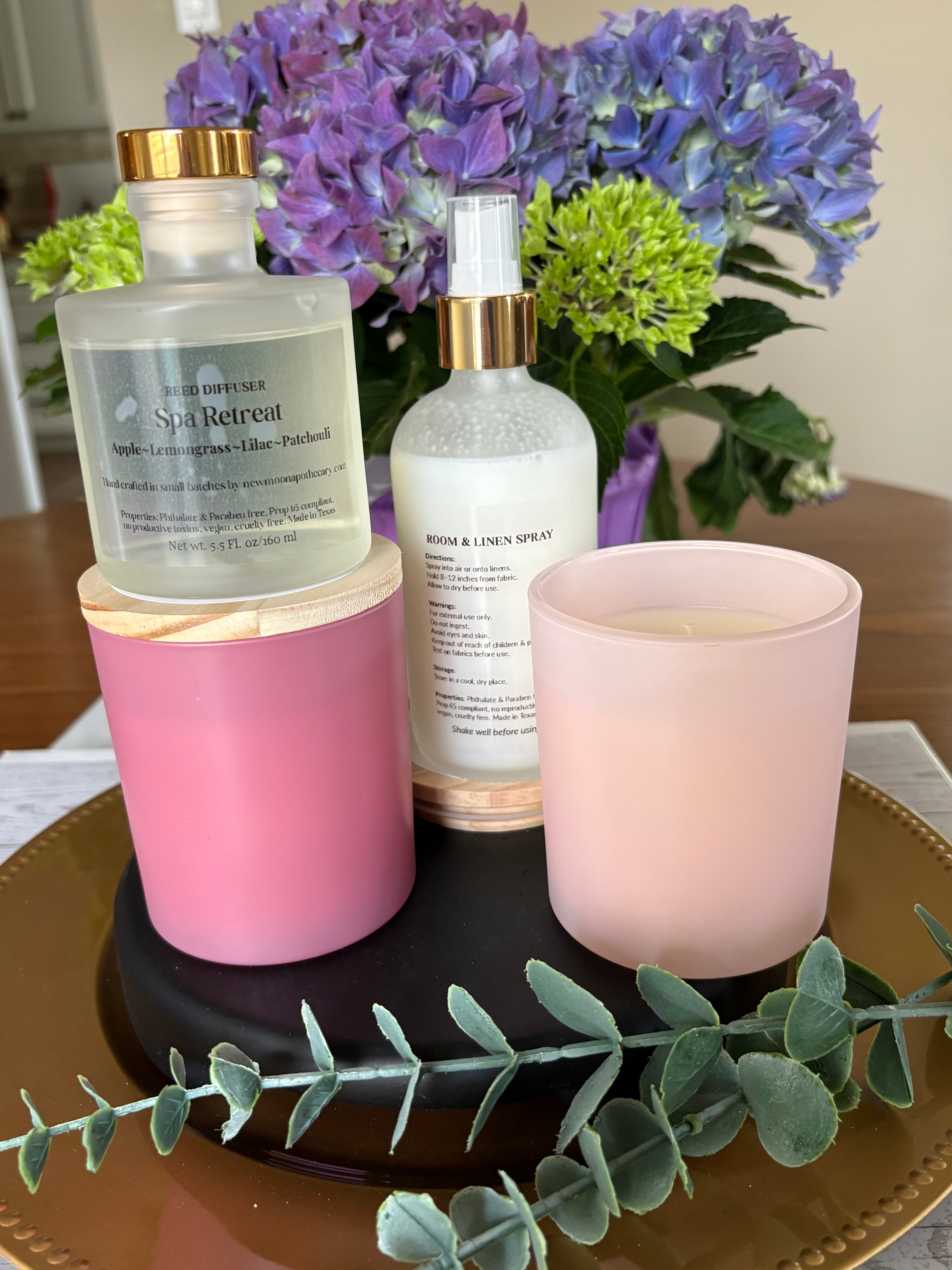 Sacred Space Room & Linen Spray — reed diffuser and 2 candles in pink glass--Spa Retreat scent | New Moon Apothecary