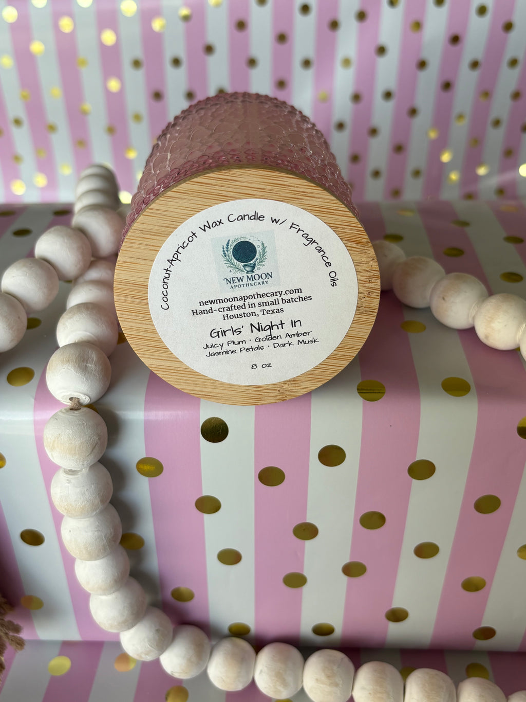 Girls Night In 8 oz pink textured glass candle with natural wood lid