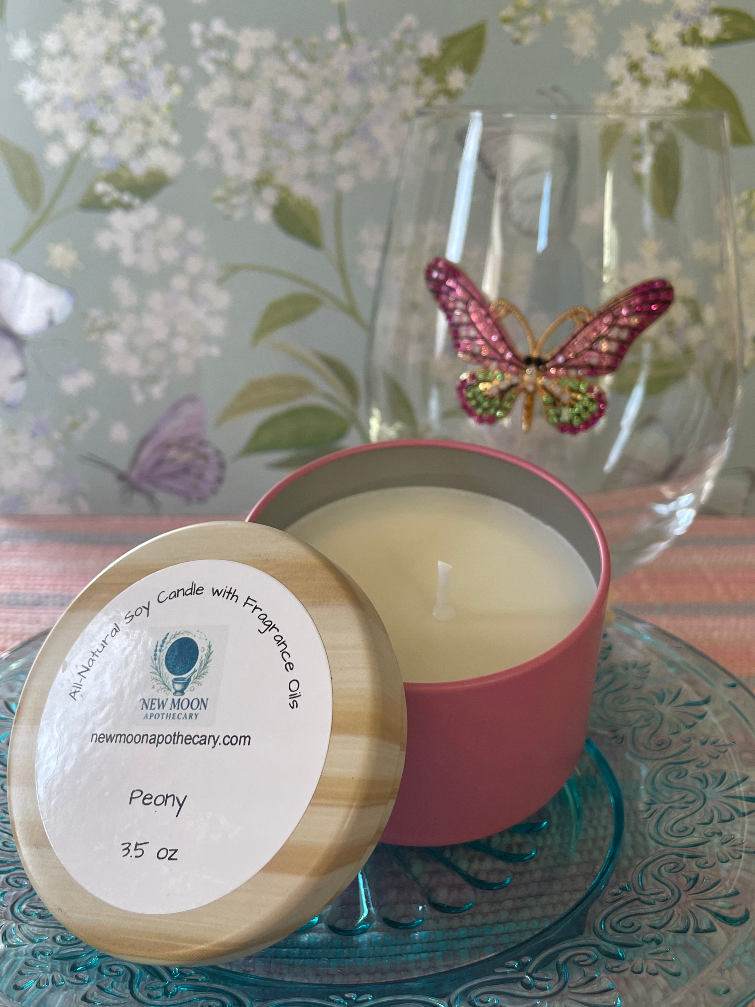 Peony botanical soy candle tin 3.5 oz – New Moon Apothecary