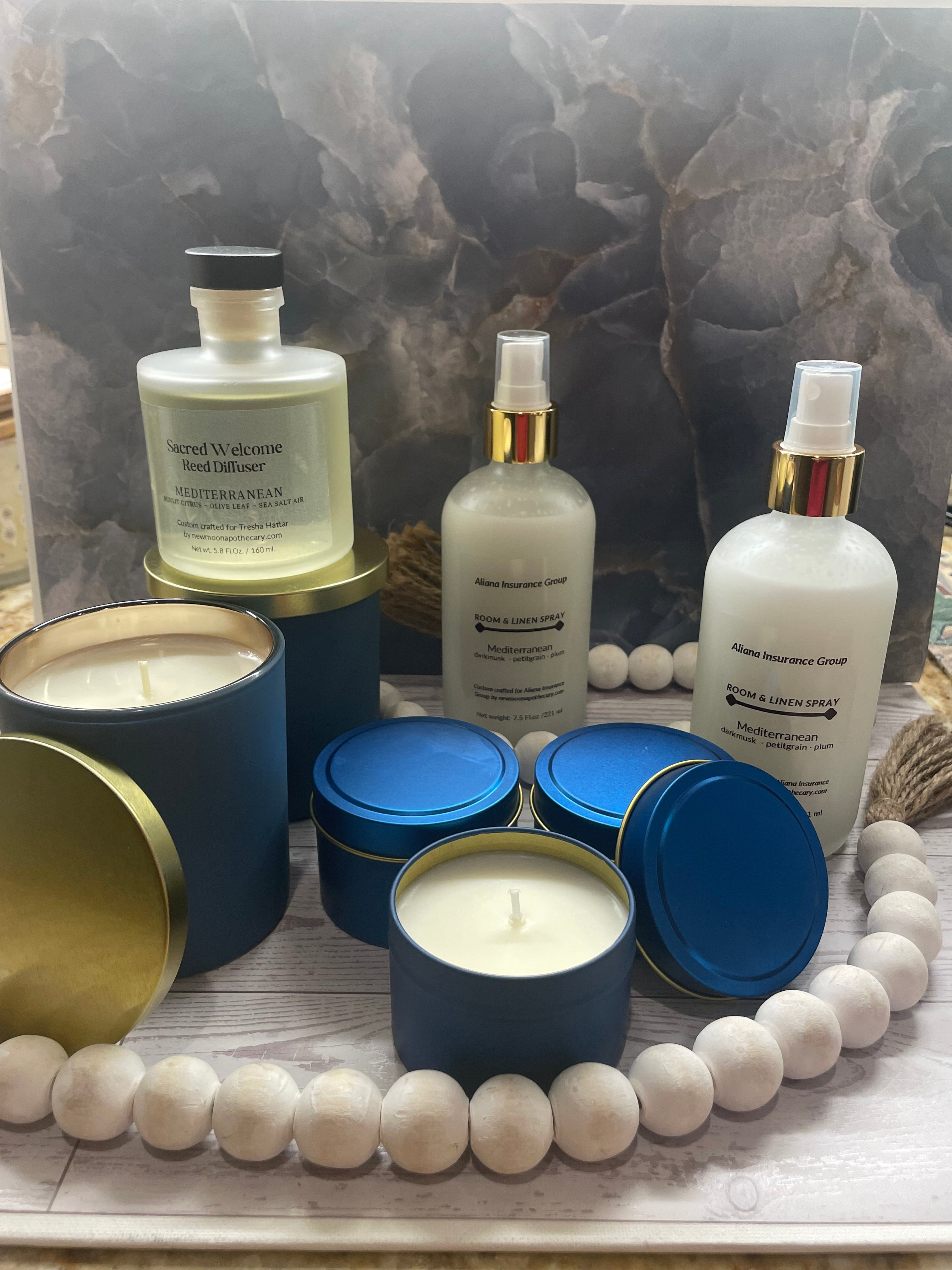Sacred Space signature scent special order — cobalt blue 8 oz candle, 4 oz tin candles in blue and gold, coordinating reed diffuser and room spray | New Moon Apothecary
