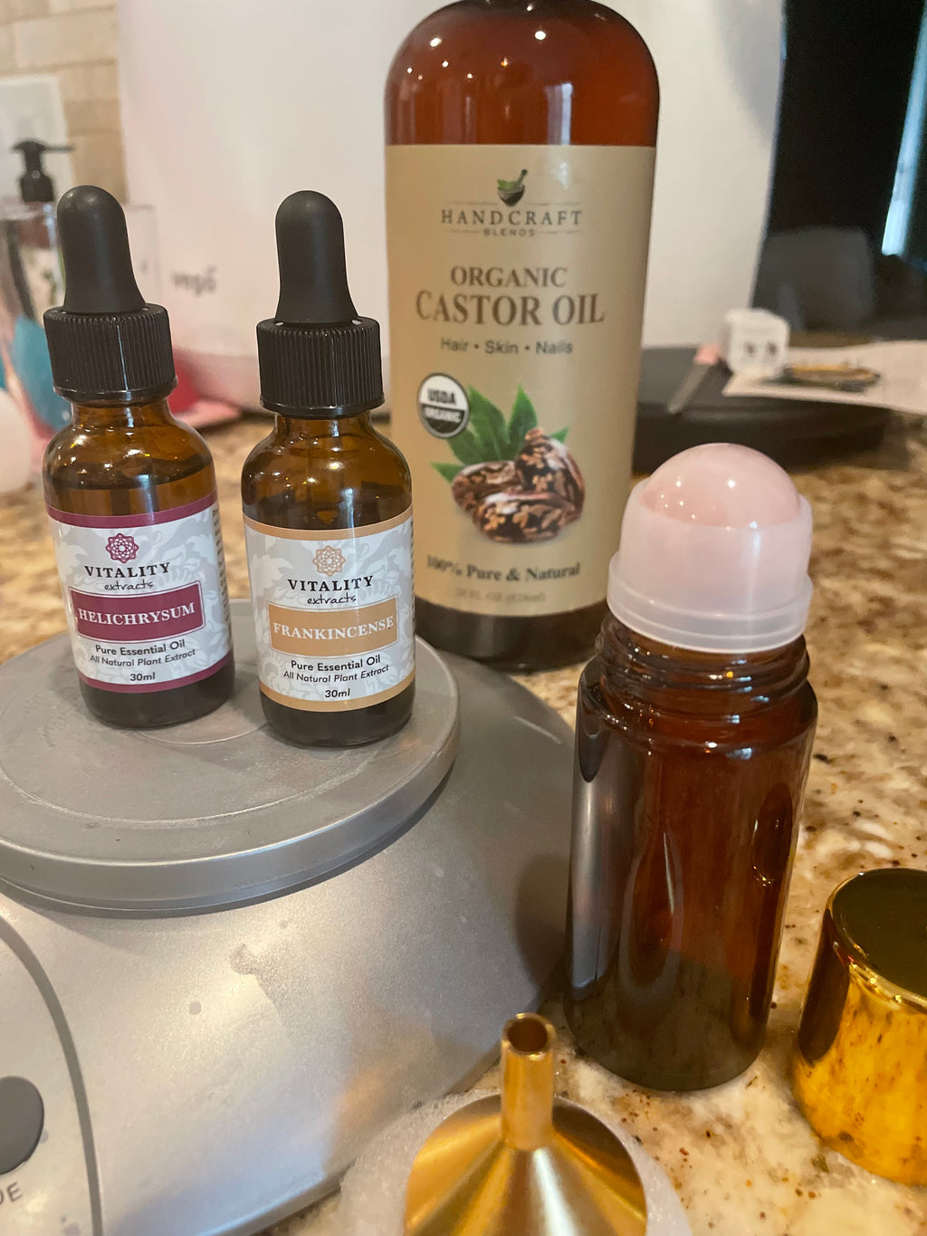 Collection of organic oil bottles on a kitchen counter