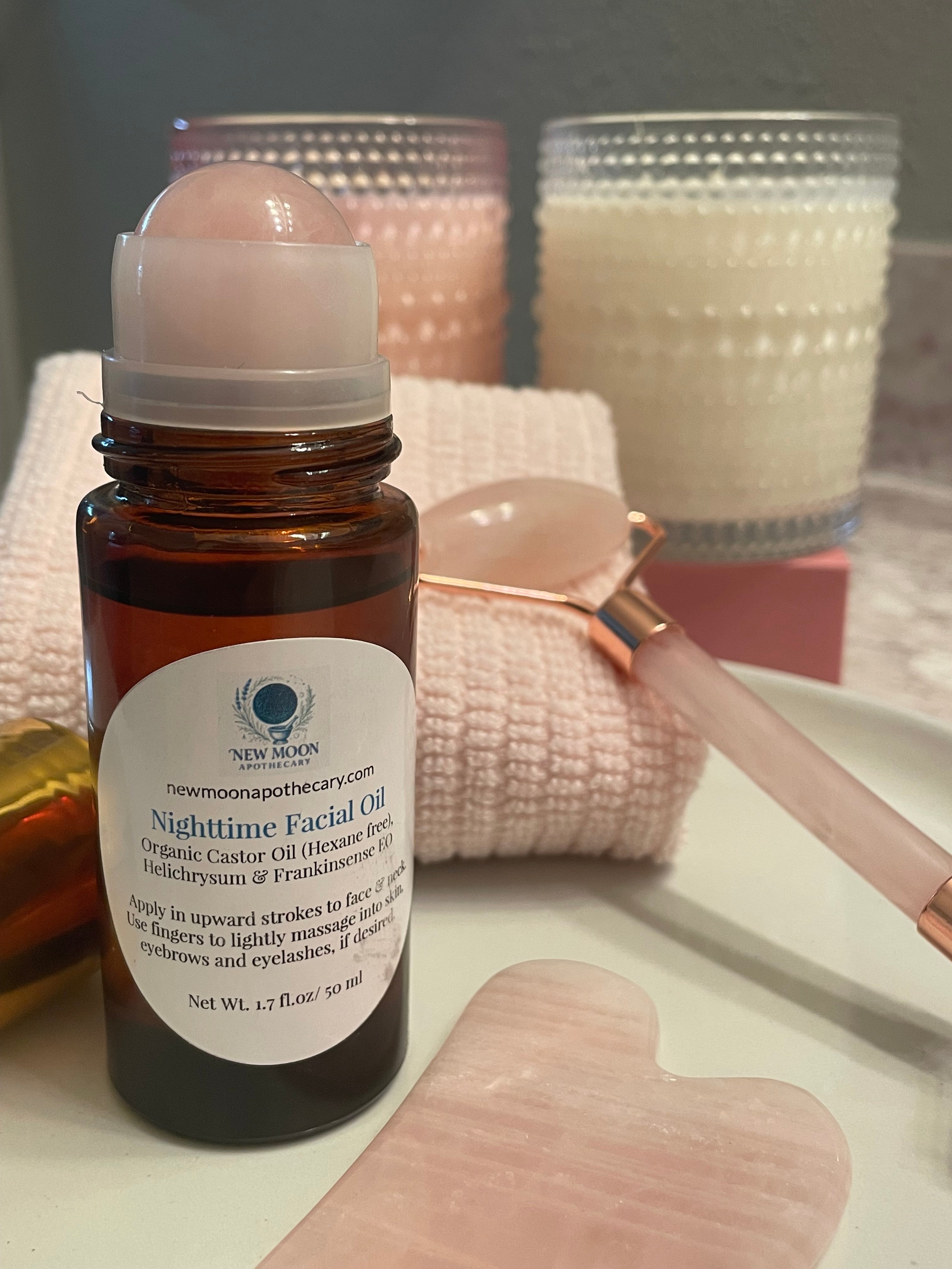 Radiant Ritual Facial oil with rose quartz roller tool and matching gua sha --New Moon Apothecary