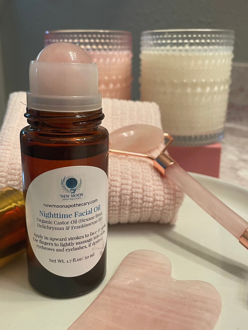 Radiant Ritual Facial oil with rose quartz applicator ball--rose quarts roller tool and matching gua sha --New Moon Apothecary