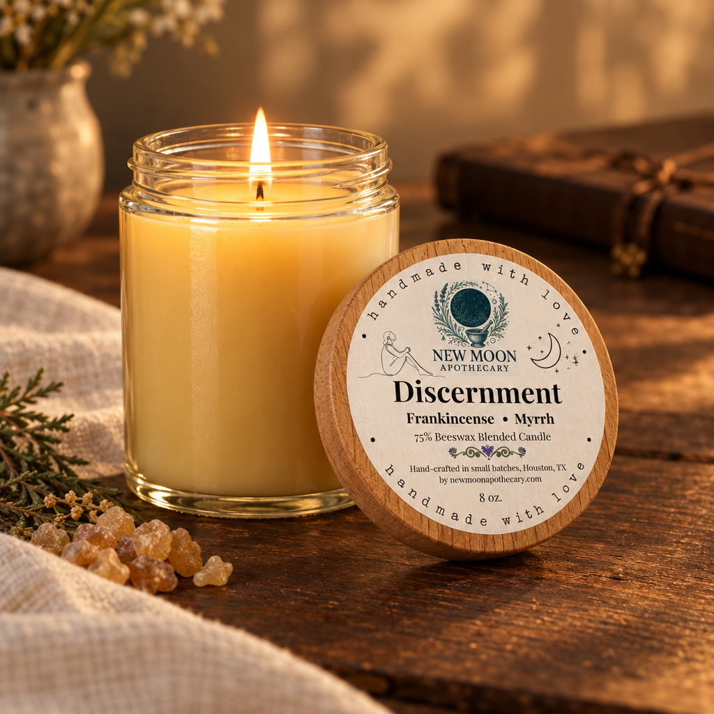 Discernment candle in a warm reflection setting