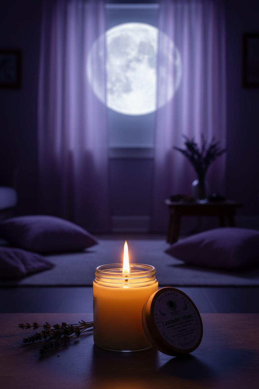Lavender Moon beeswax candle glowing with full moon visible through window in a moonlit meditation room