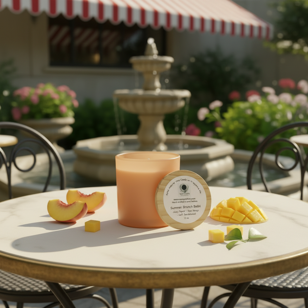 Summer Brunch Bellini peach candle with fruit on an elegant fountain-side bistro patio