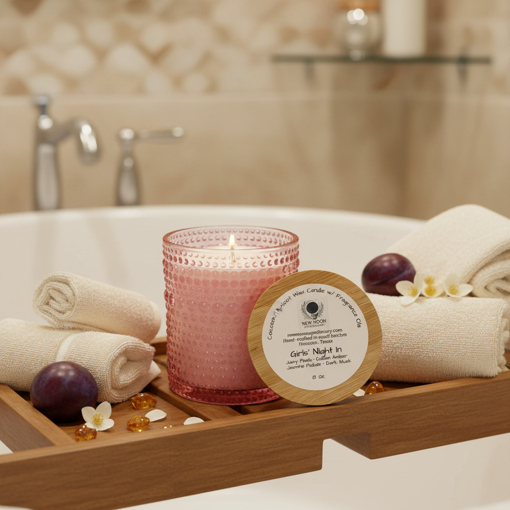 Girls Night In blush pink candle styled in a luxurious home spa setting