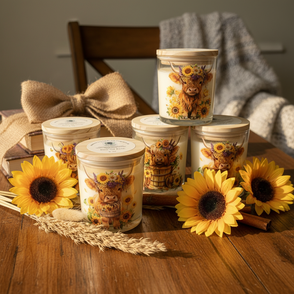 Highland Cow soy candles styled with warm autumn colors, sunflowers, and rustic fall details