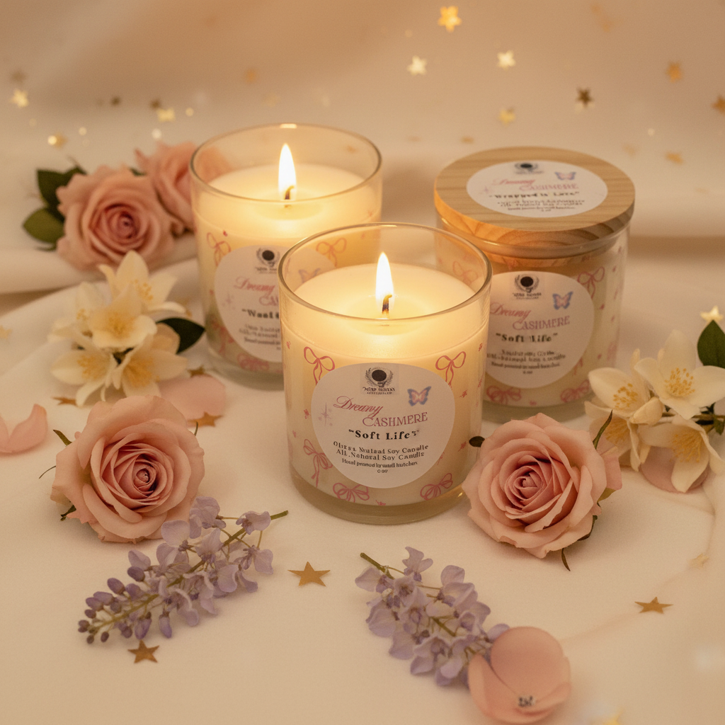Three pink bow 6 oz glass candles with wooden lids in a soft elegant setting