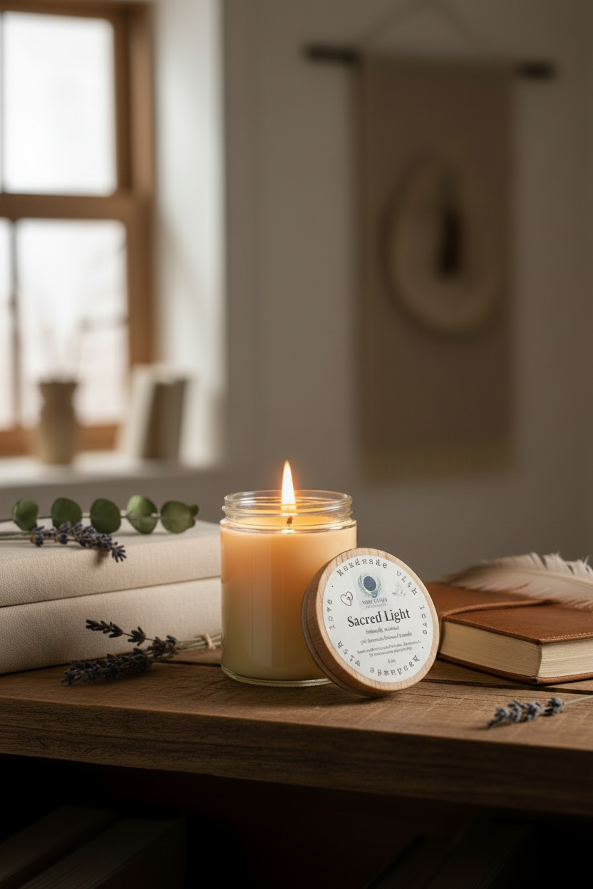 Sacred Light pure beeswax candle glowing in a serene study room setting