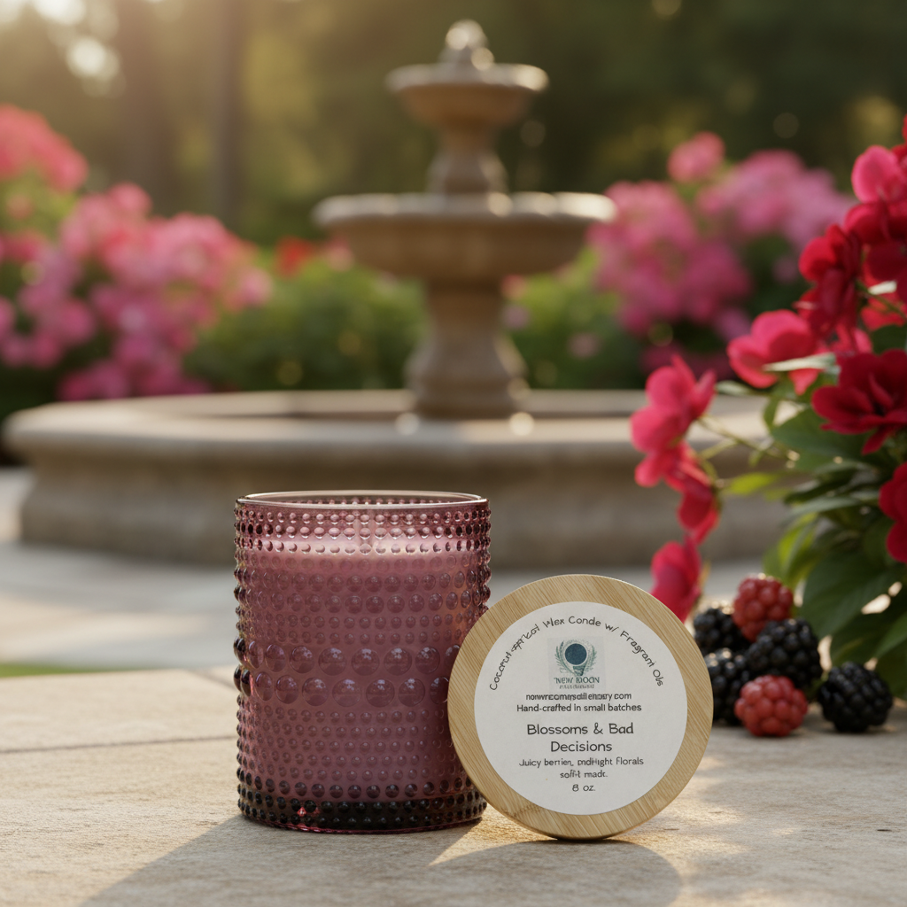 Blossoms and Bad Decisions purple glass candle styled on a vibrant floral garden patio with a fountain