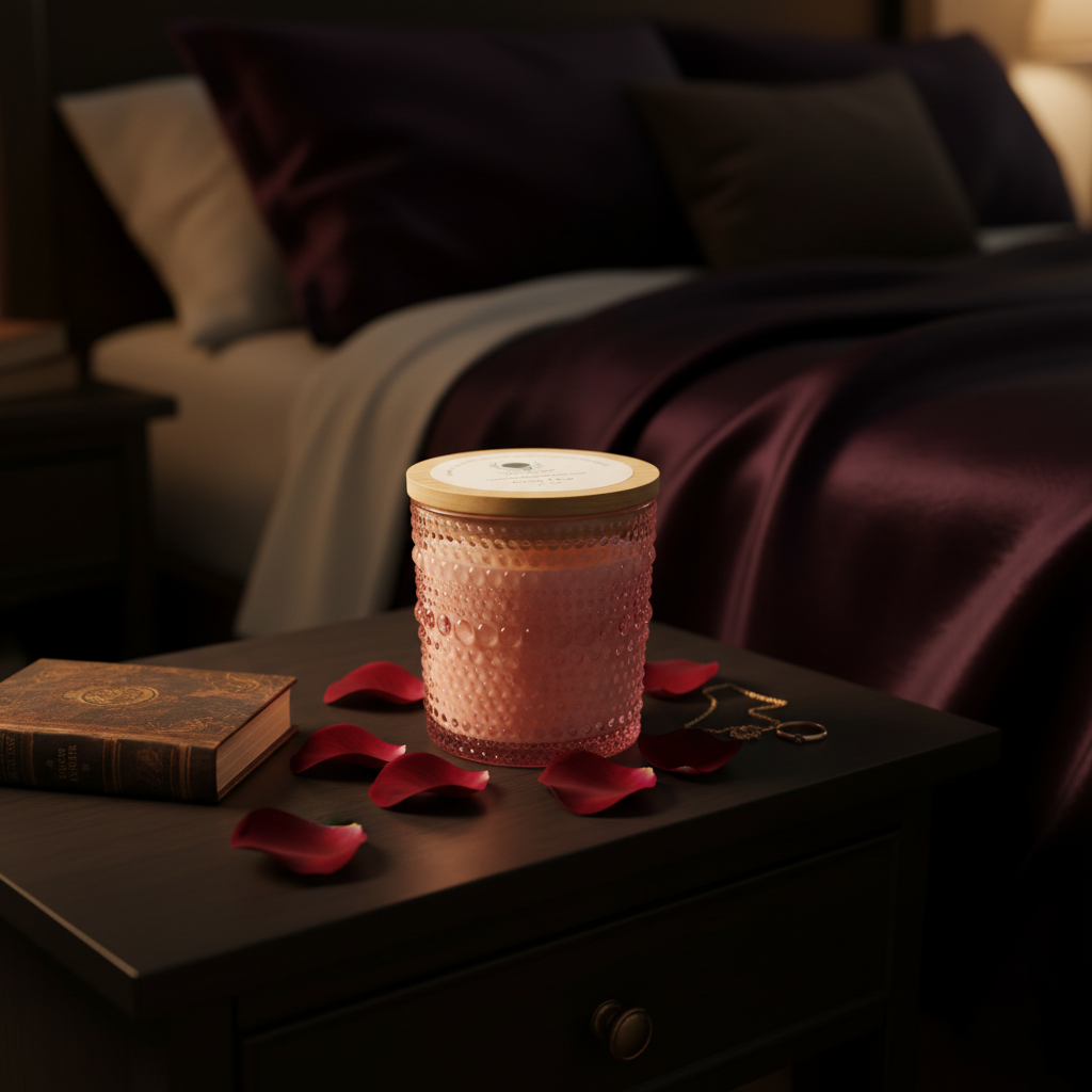 Rose Noir luxury soy candle on a nightstand in a romantic bedroom setting