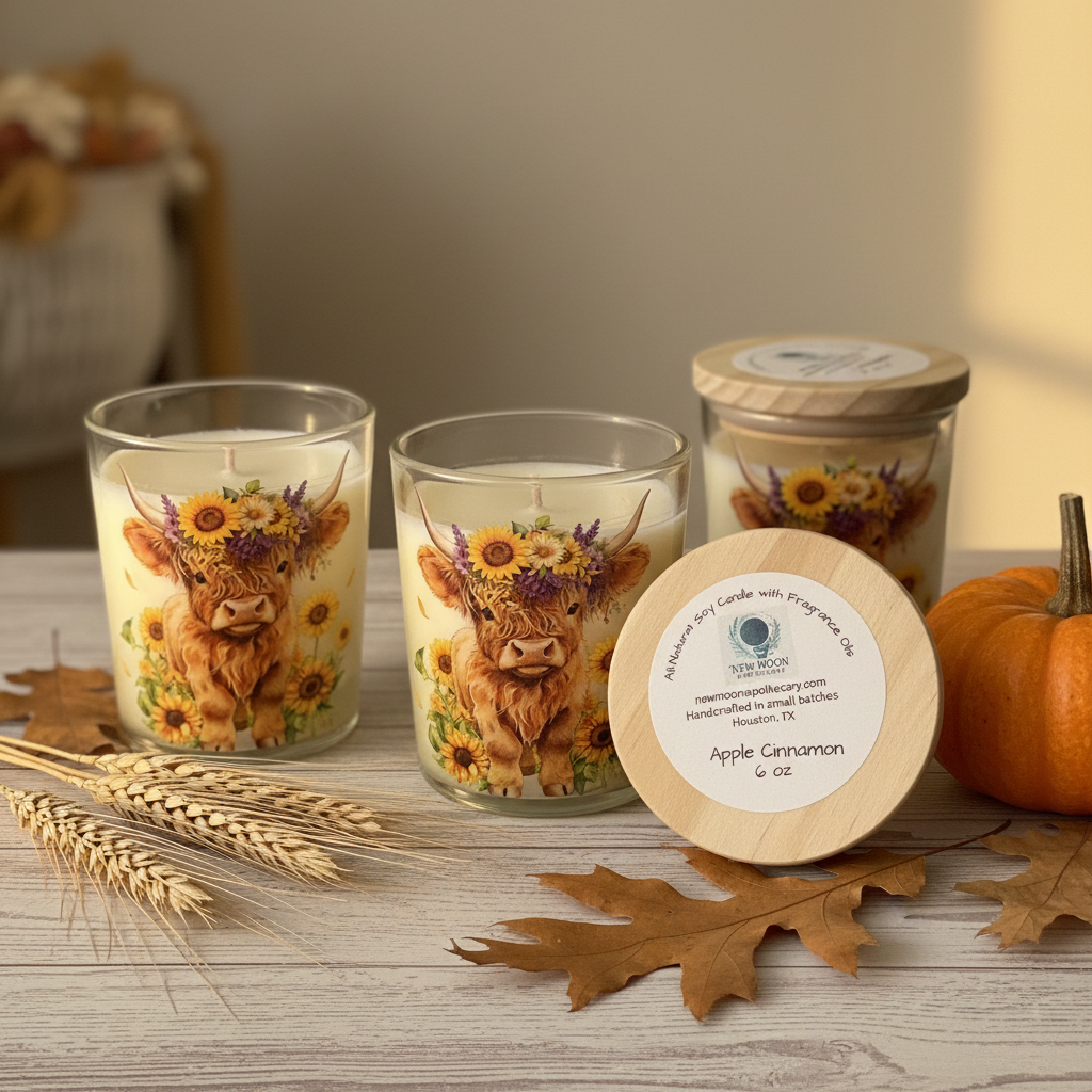 Highland Cow soy candles in a soft autumn setting with sunflowers and seasonal fall details
