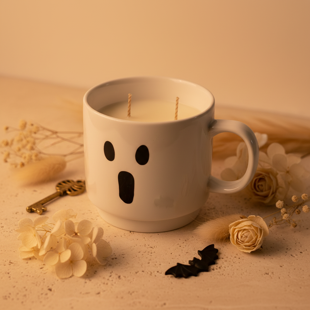 Vanilla Boo double-wick candle in a glossy white ghost-face ceramic mug