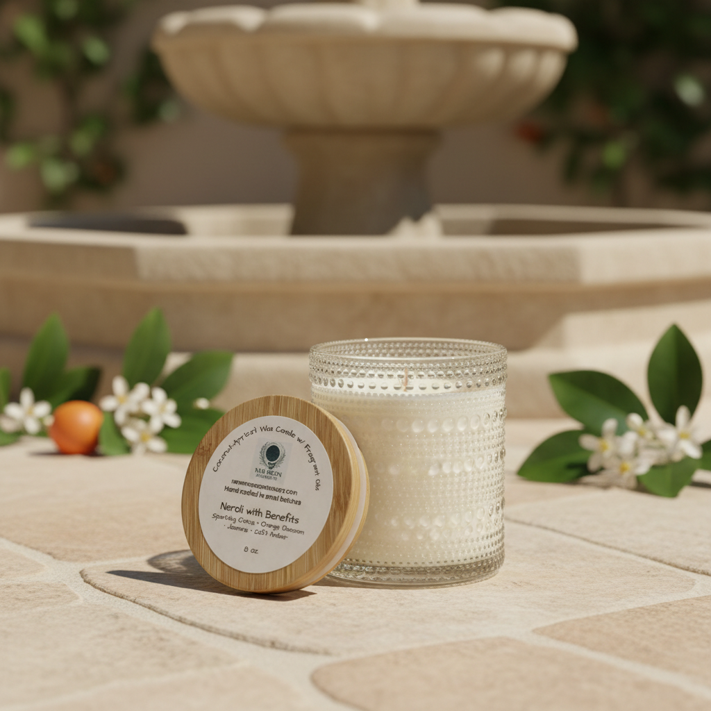 Neroli with Benefits clear glass candle styled with orange blossoms on a sunlit fountain patio