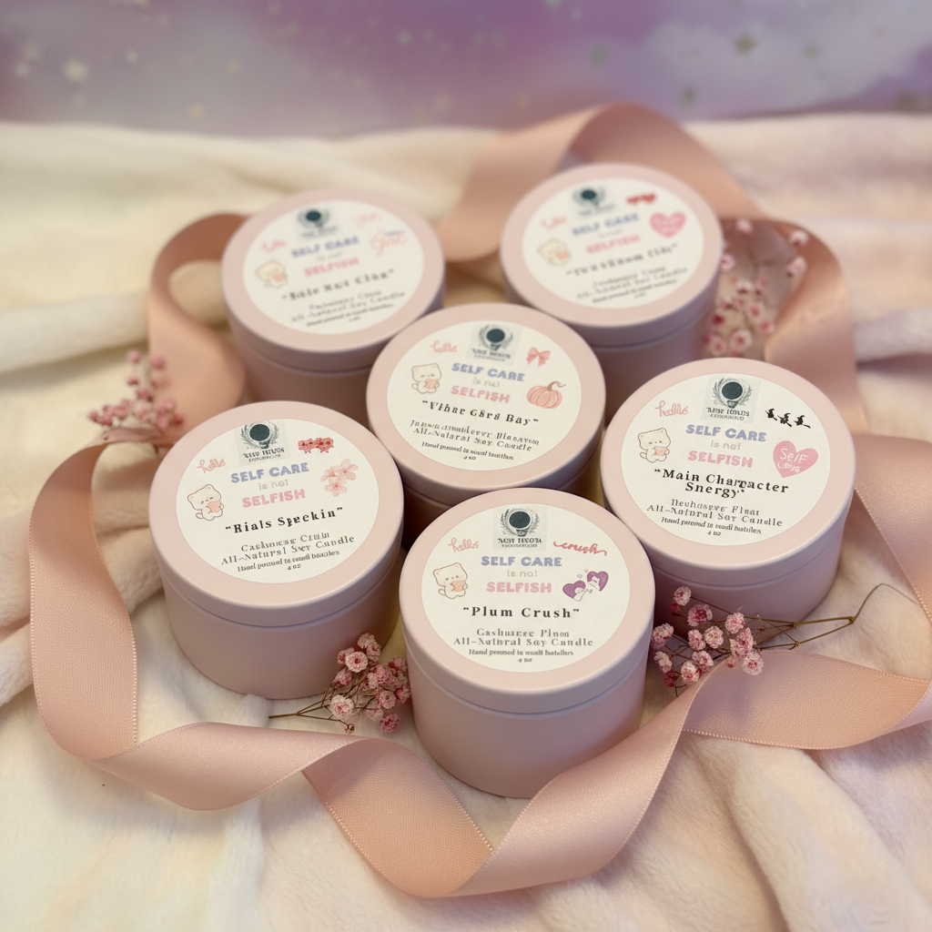 Pastel pink 4 oz candle tins arranged with soft ivory, blush, and lavender accents