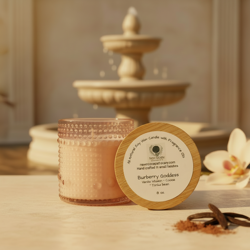 Burberry Goddess blush glass candle with readable label styled beside an elegant golden fountain