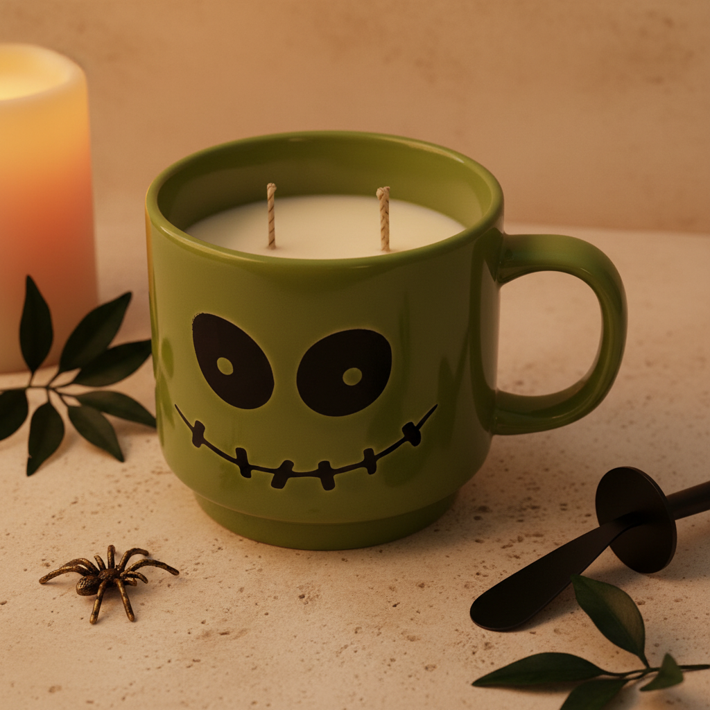 Monster Mash double-wick candle in a glossy green stitched monster ceramic mug