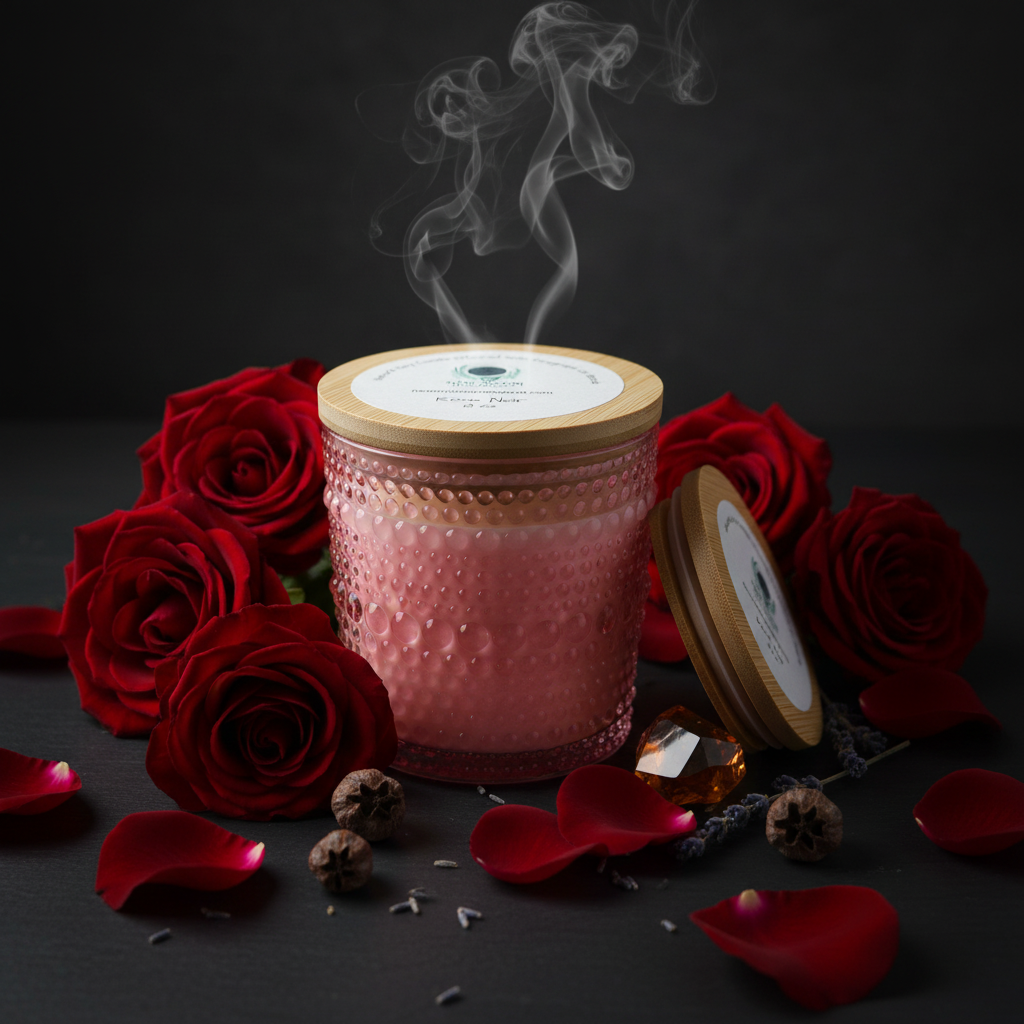 Rose Noir luxury soy candle in pink hobnail glass with dark roses and moody lighting