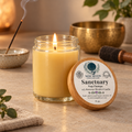 Sanctuary candle in a zen setting with incense and a singing bowl